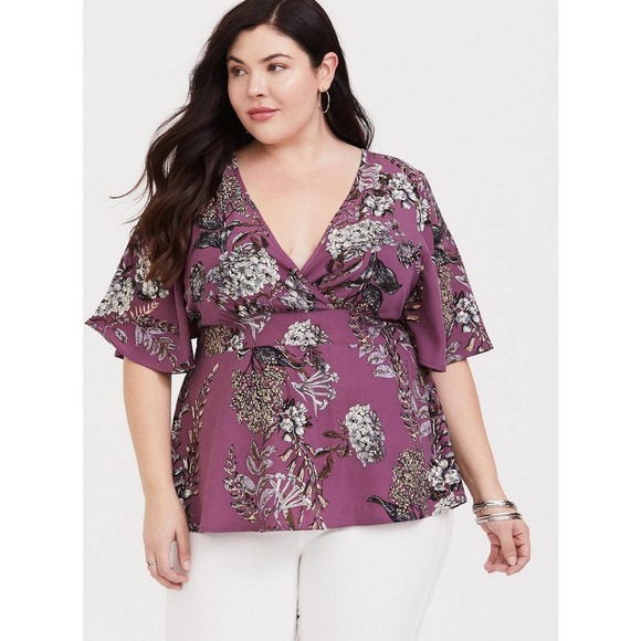 torrid Tops - NWT Torrid Floral Short Sleeve Tie Babydoll Blouse Purple Women's 5 5X H14628